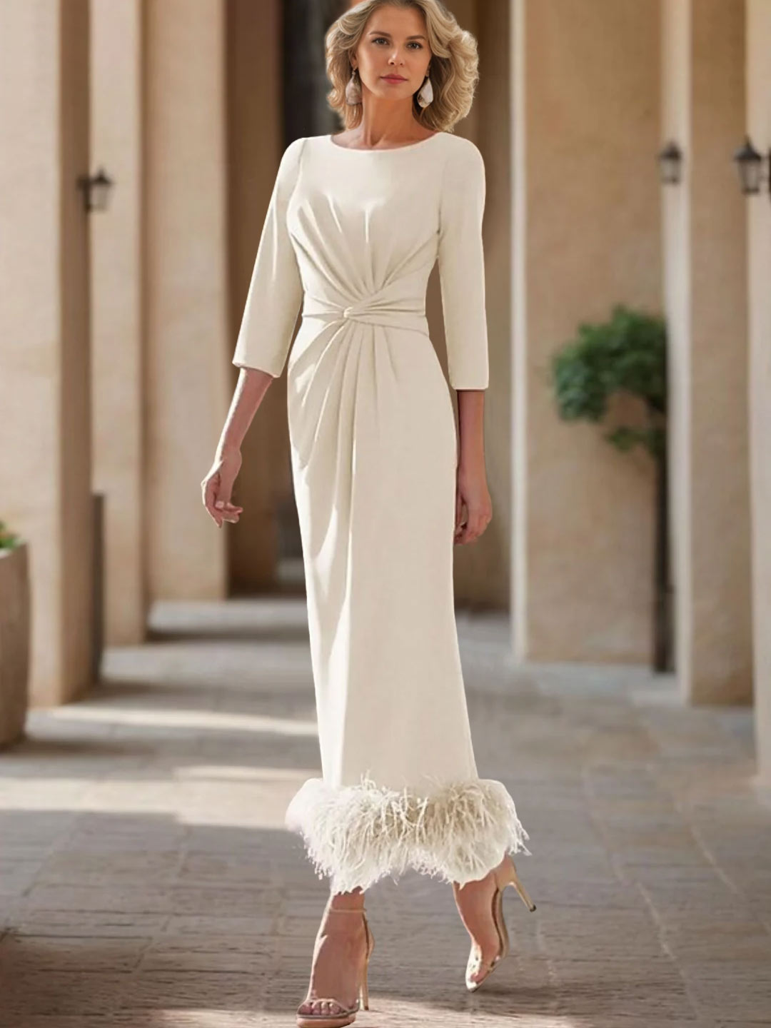 Column Scoop Neck Ankle Length Elegant Mother of the Bride Dress