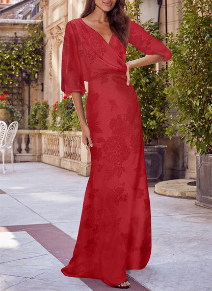 Floral Print V-neck Half Sleeves Red Mother of the Bride