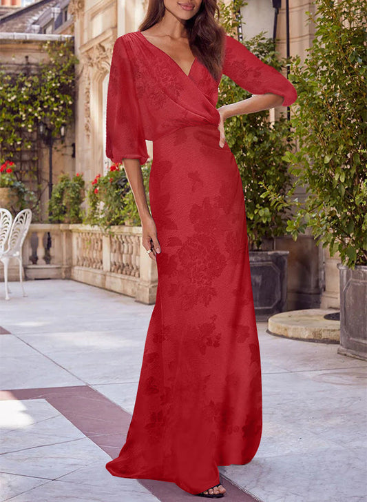 Floral Print V-neck Half Sleeves Red Mother of the Bride