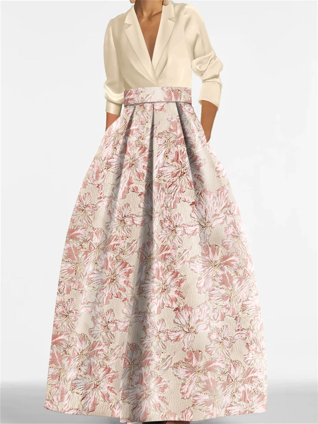 Princess Shirt Collar 3/4 Sleeves Printed Flower Mother of the Bride Dress