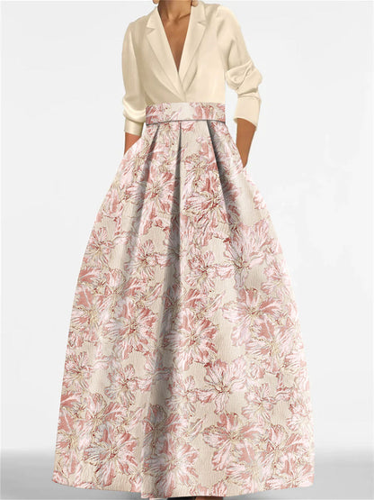 Princess Shirt Collar 3/4 Sleeves Printed Flower Mother of the Bride Dress