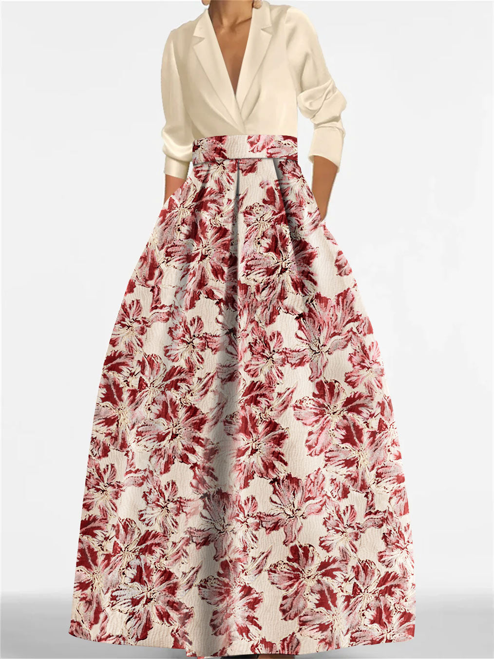 Princess Shirt Collar 3/4 Sleeves Printed Flower Mother of the Bride Dress