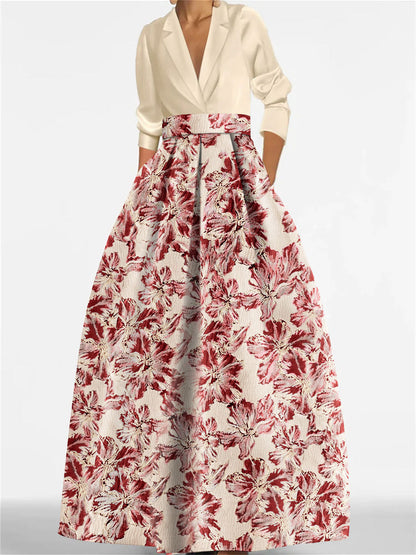 Princess Shirt Collar 3/4 Sleeves Printed Flower Mother of the Bride Dress