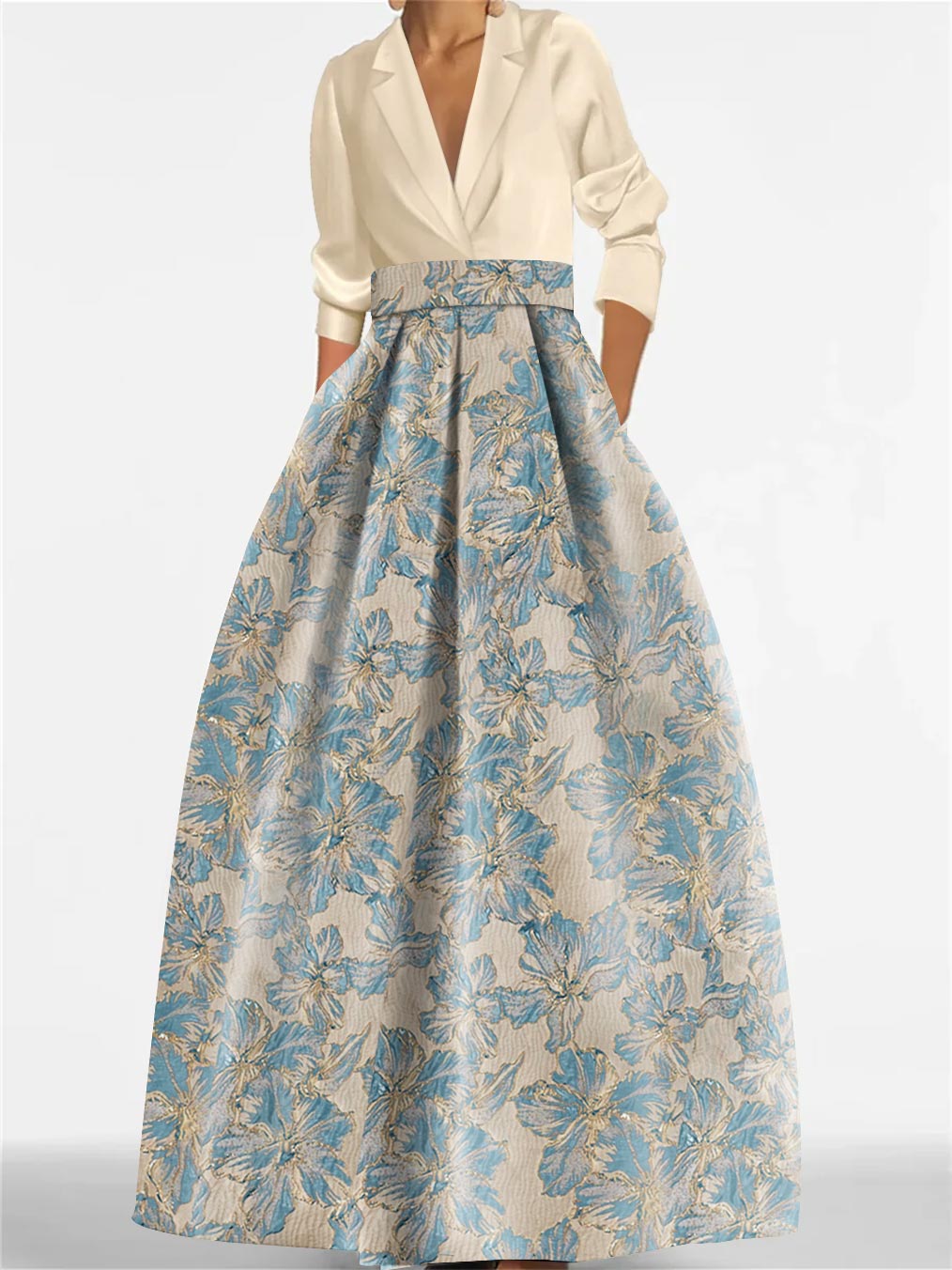 Princess Shirt Collar 3/4 Sleeves Printed Flower Mother of the Bride Dress