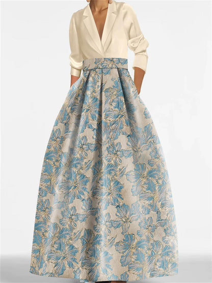 Princess Shirt Collar 3/4 Sleeves Printed Flower Mother of the Bride Dress