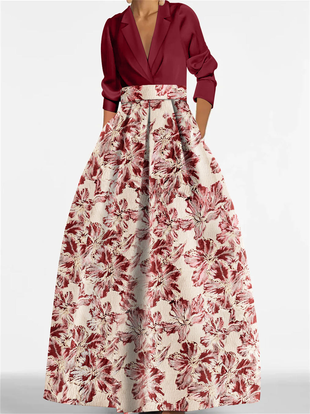 Princess Shirt Collar 3/4 Sleeves Printed Flower Mother of the Bride Dress