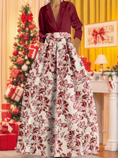 Princess Shirt Collar 3/4 Sleeves Printed Flower Mother of the Bride Dress