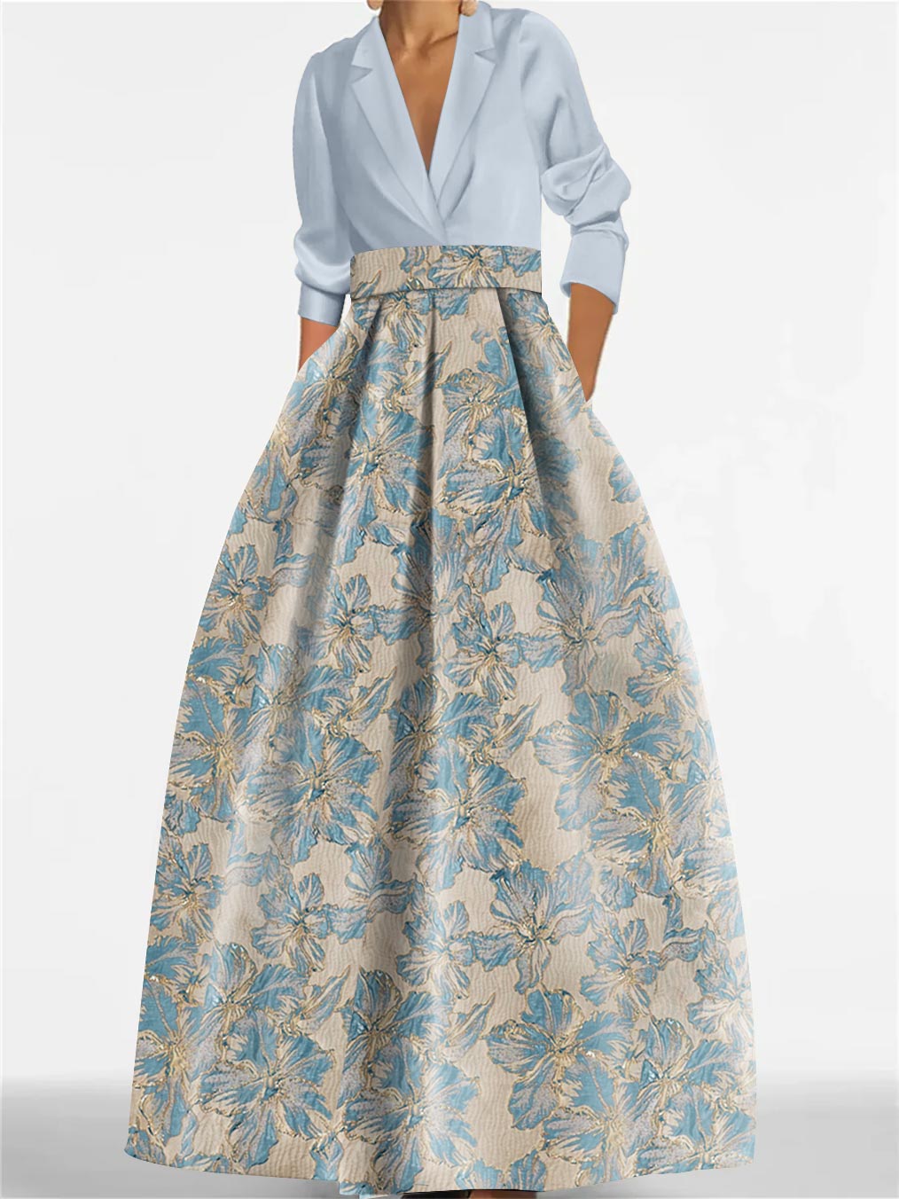 Princess Shirt Collar 3/4 Sleeves Printed Flower Mother of the Bride Dress