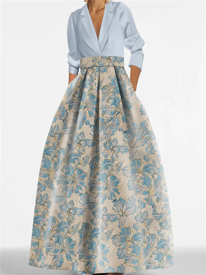 Princess Shirt Collar 3/4 Sleeves Printed Flower Mother of the Bride Dress
