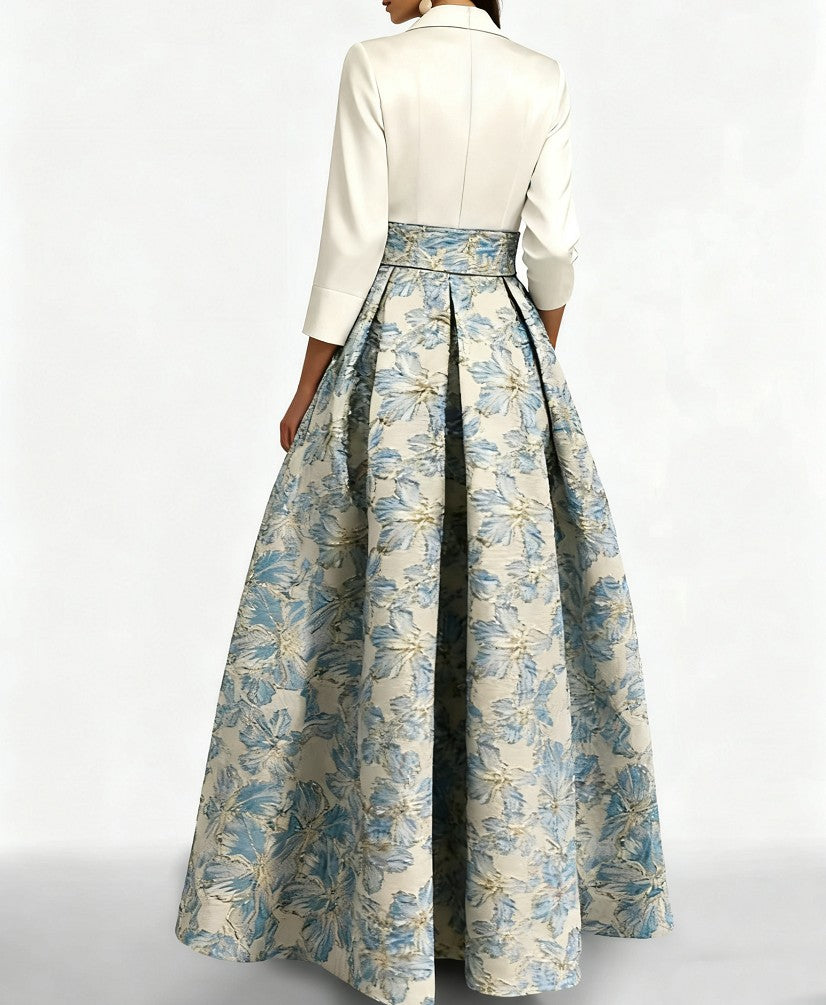 Princess Shirt Collar 3/4 Sleeves Printed Flower Mother of the Bride Dress