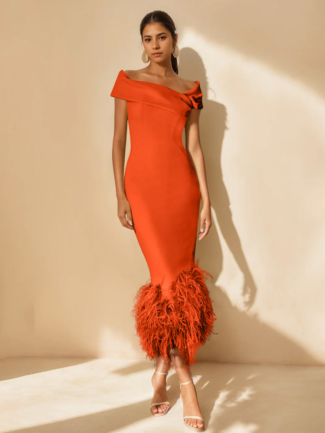 Column Off-the-Shoulder Short Sleeves Tea-Length Unique Mother of the Bride Dress