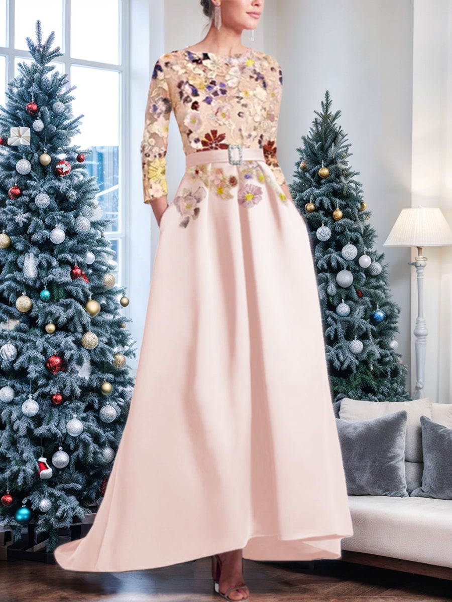 Princess Scoop 3/4 Sleeves Asymmetrical Mother of the Bride Dress