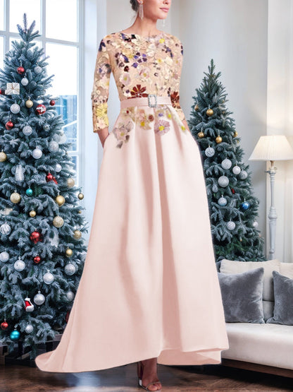 Princess Scoop 3/4 Sleeves Asymmetrical Mother of the Bride Dress