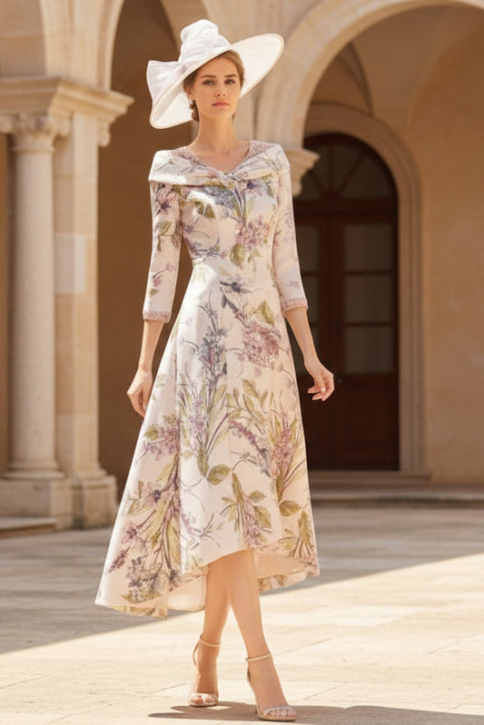 Princess V-Neck 3/4 Sleeves Asymmetrical Printed Flower Mother of the Bride Dress