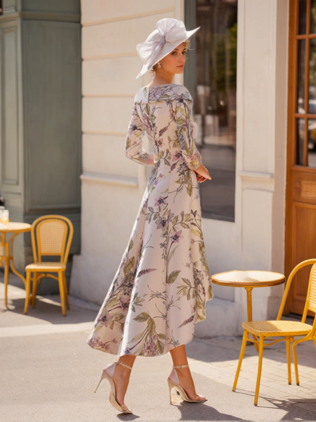 Princess V-Neck 3/4 Sleeves Asymmetrical Printed Flower Mother of the Bride Dress