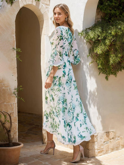 A-Line V-Neck 3/4 Sleeves Asymmetrical Printed Floral Elegant Mother of the Bride Dress