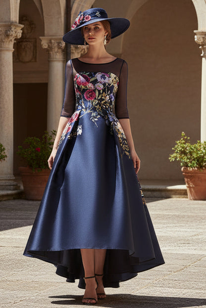 A-Line Scoop Half Sleeves Asymmetrical Printed Floral Mother of the Bride Dress