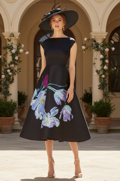 A-Line Boat Neck Sleeves Tea-Length Mother of the Bride Dress