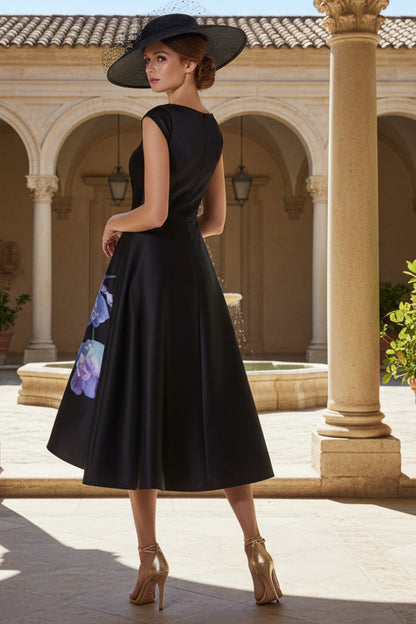 A-Line Boat Neck Sleeves Tea-Length Mother of the Bride Dress