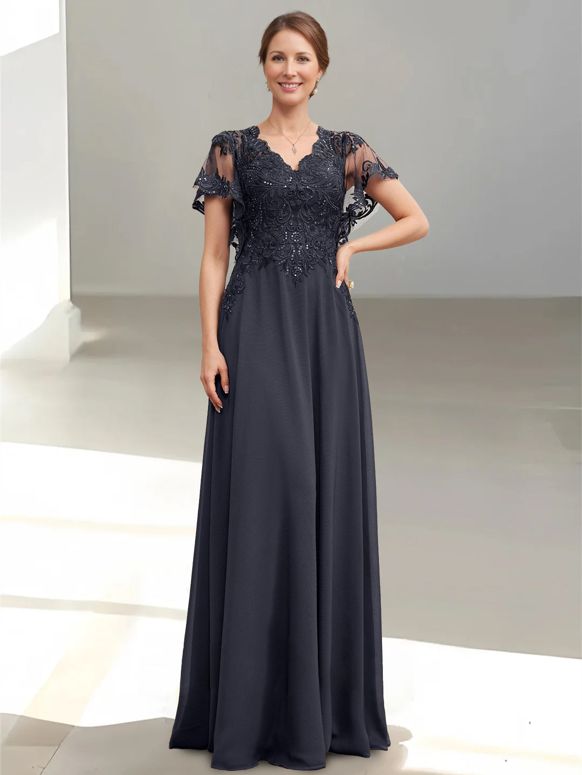 A-Line/Princess V-Neck Short Sleeves Floor-Length Mother of the Bride Dress