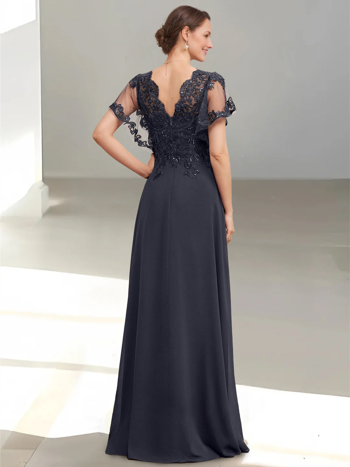 A-Line/Princess V-Neck Short Sleeves Floor-Length Mother of the Bride Dress