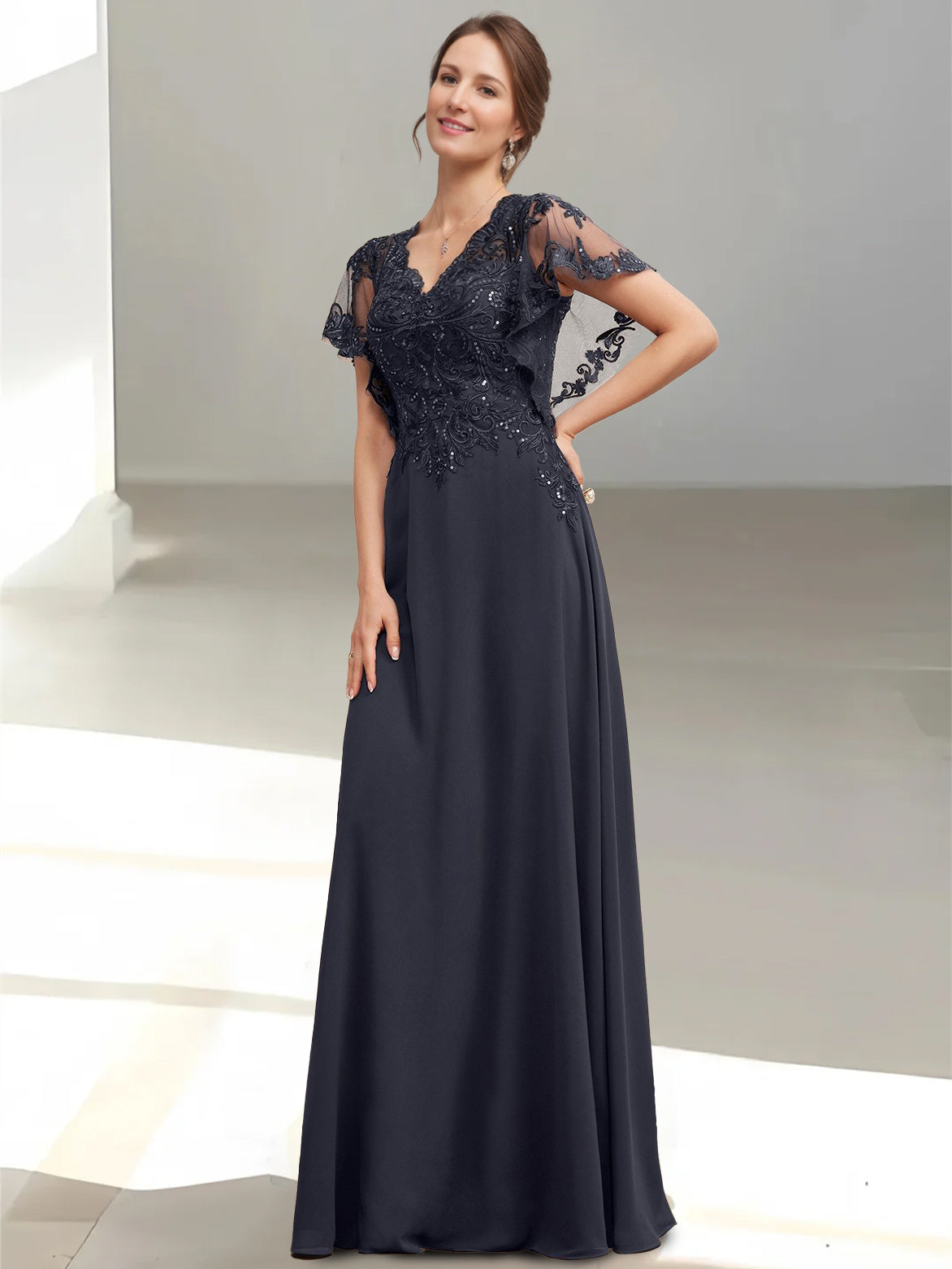 A-Line/Princess V-Neck Short Sleeves Floor-Length Mother of the Bride Dress