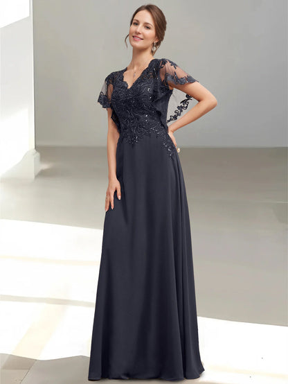A-Line/Princess V-Neck Short Sleeves Floor-Length Mother of the Bride Dress