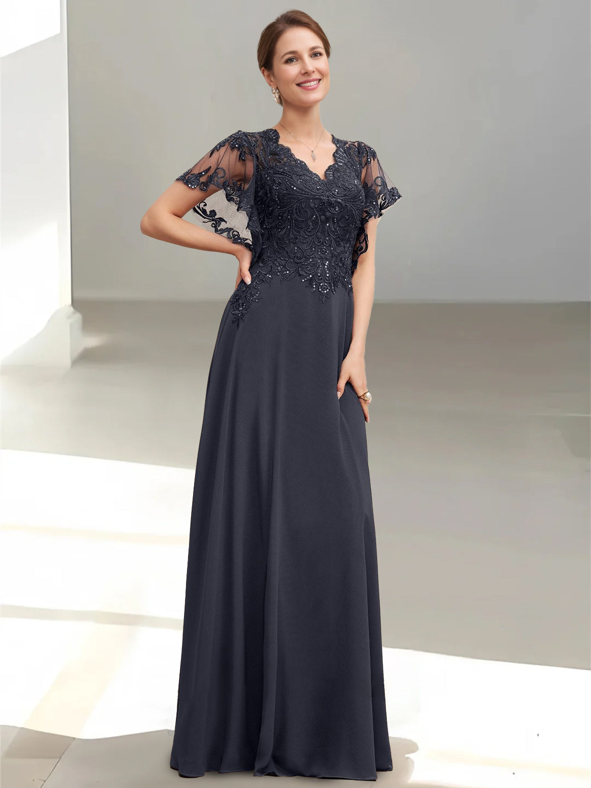 A-Line/Princess V-Neck Short Sleeves Floor-Length Mother of the Bride Dress