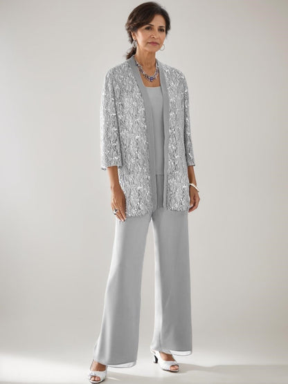 3 Pieces Scoop Neck 3/4 Sleeves Ankle-Length Mother of the Bride Pantsuits with Lace