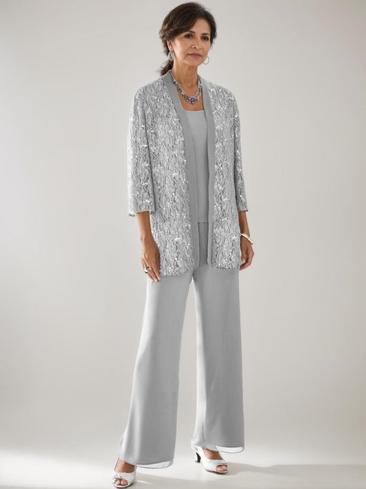 3 Pieces Scoop Neck 3/4 Sleeves Ankle-Length Mother of the Bride Pantsuits with Lace