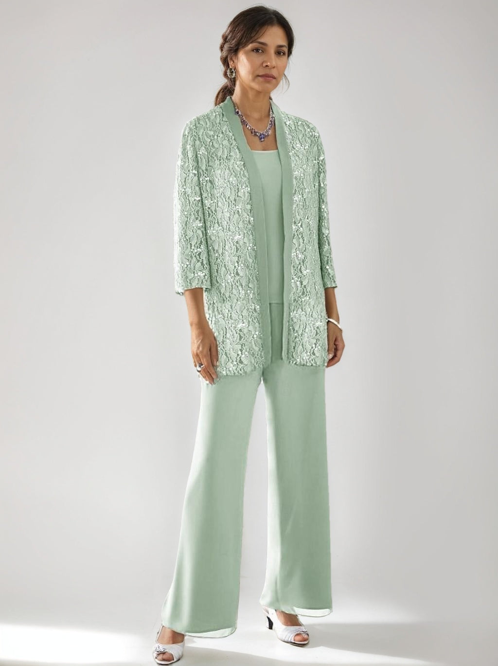 3 Pieces Scoop Neck 3/4 Sleeves Ankle-Length Mother of the Bride Pantsuits with Lace
