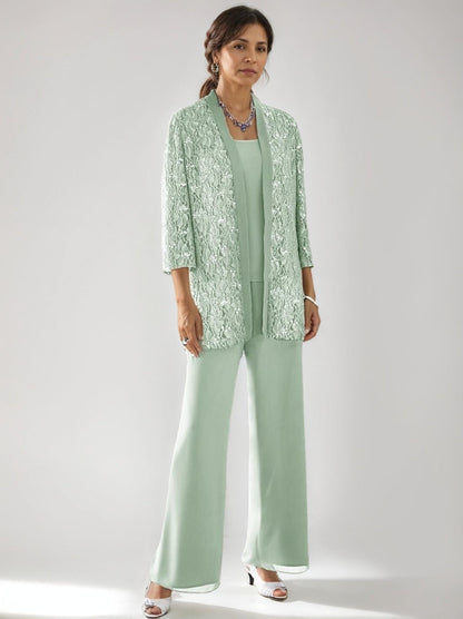 3 Pieces Scoop Neck 3/4 Sleeves Ankle-Length Mother of the Bride Pantsuits with Lace