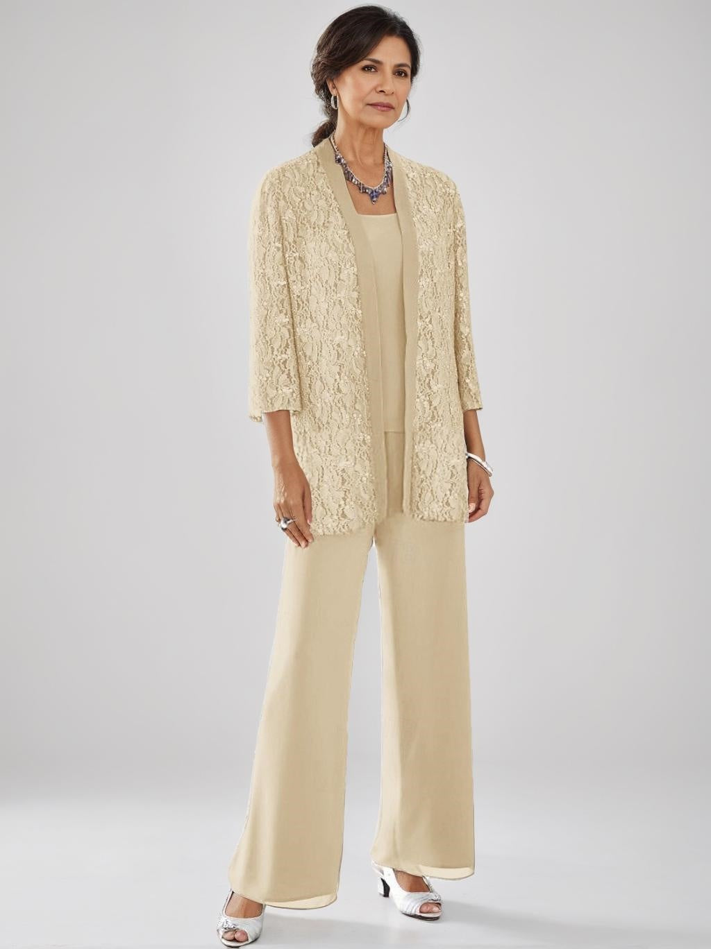 3 Pieces Scoop Neck 3/4 Sleeves Ankle-Length Mother of the Bride Pantsuits with Lace