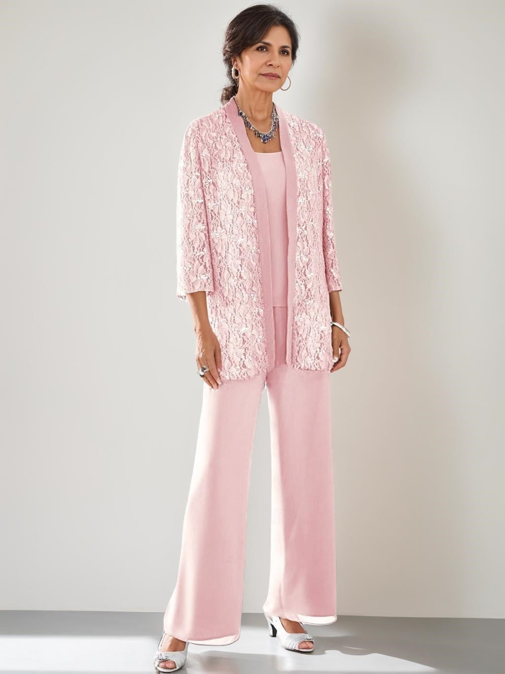 3 Pieces Scoop Neck 3/4 Sleeves Ankle-Length Mother of the Bride Pantsuits with Lace