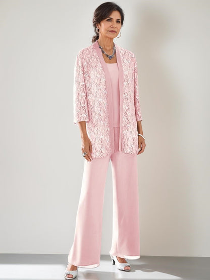 3 Pieces Scoop Neck 3/4 Sleeves Ankle-Length Mother of the Bride Pantsuits with Lace