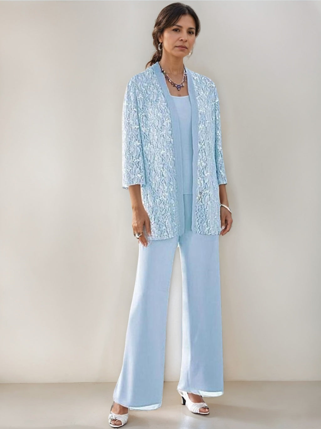 3 Pieces Scoop Neck 3/4 Sleeves Ankle-Length Mother of the Bride Pantsuits with Lace