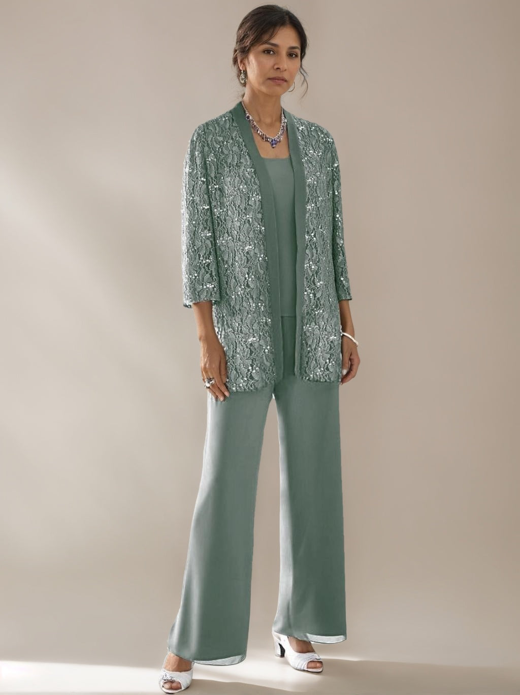 3 Pieces Scoop Neck 3/4 Sleeves Ankle-Length Mother of the Bride Pantsuits with Lace