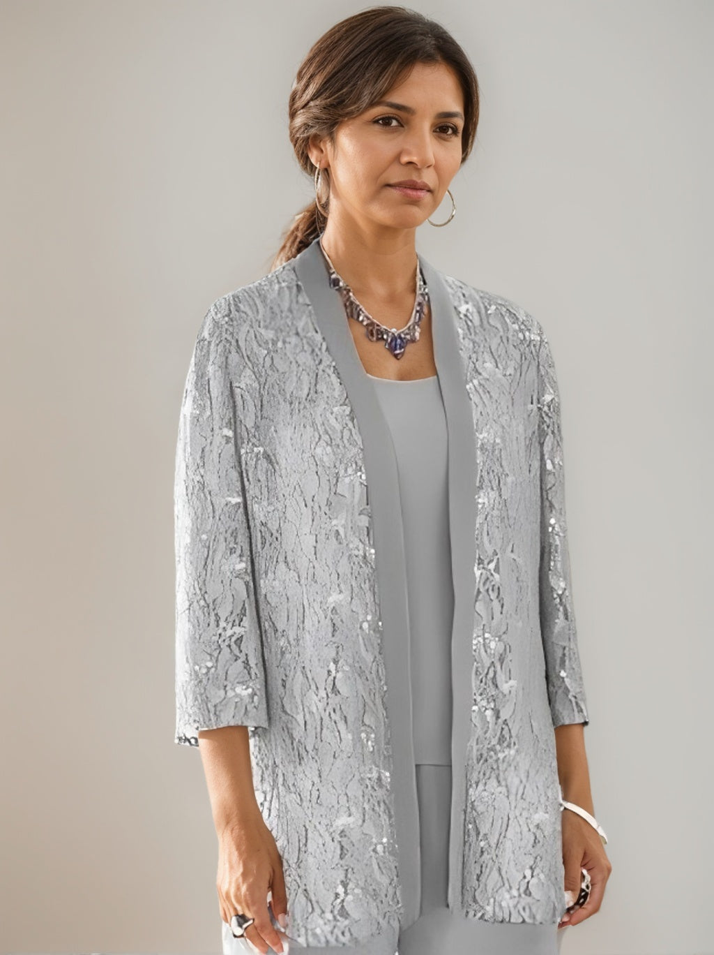 3 Pieces Scoop Neck 3/4 Sleeves Ankle-Length Mother of the Bride Pantsuits with Lace