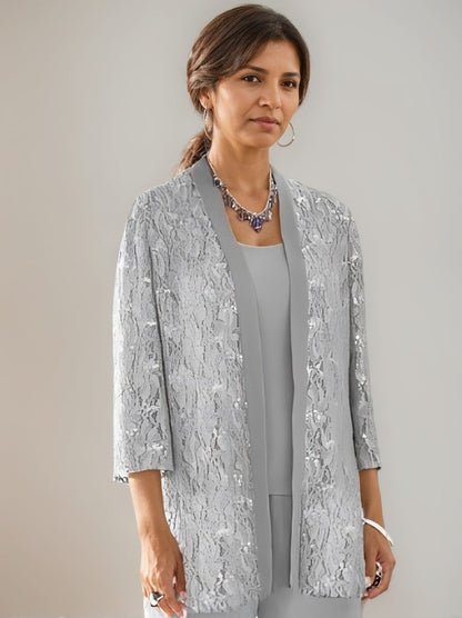 3 Pieces Scoop Neck 3/4 Sleeves Ankle-Length Mother of the Bride Pantsuits with Lace