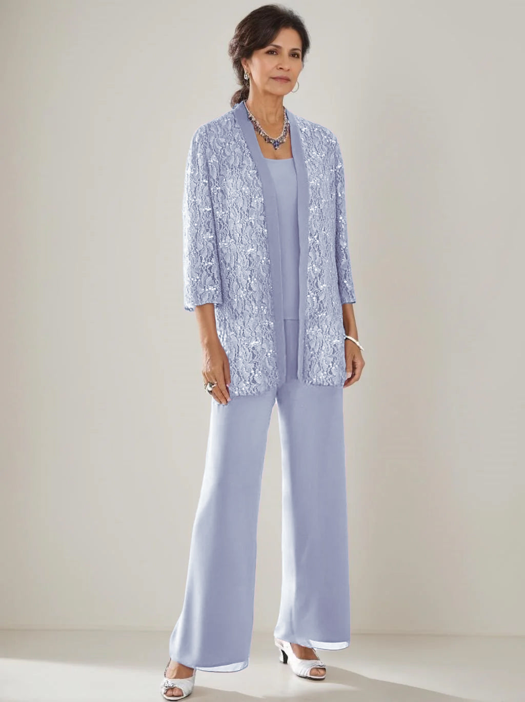 3 Pieces Scoop Neck 3/4 Sleeves Ankle-Length Mother of the Bride Pantsuits with Lace