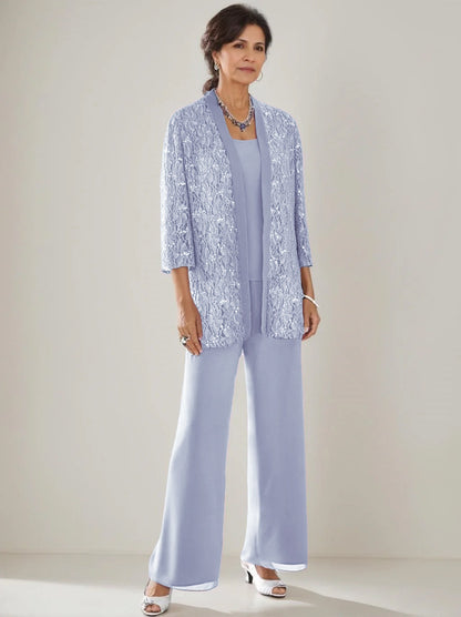 3 Pieces Scoop Neck 3/4 Sleeves Ankle-Length Mother of the Bride Pantsuits with Lace