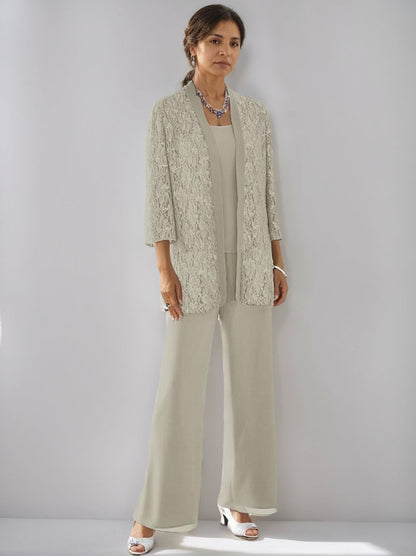 3 Pieces Scoop Neck 3/4 Sleeves Ankle-Length Mother of the Bride Pantsuits with Lace