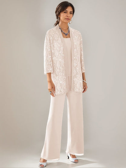 3 Pieces Scoop Neck 3/4 Sleeves Ankle-Length Mother of the Bride Pantsuits with Lace