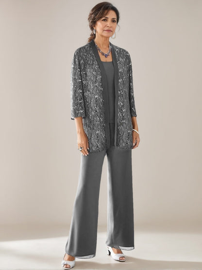 3 Pieces Scoop Neck 3/4 Sleeves Ankle-Length Mother of the Bride Pantsuits with Lace