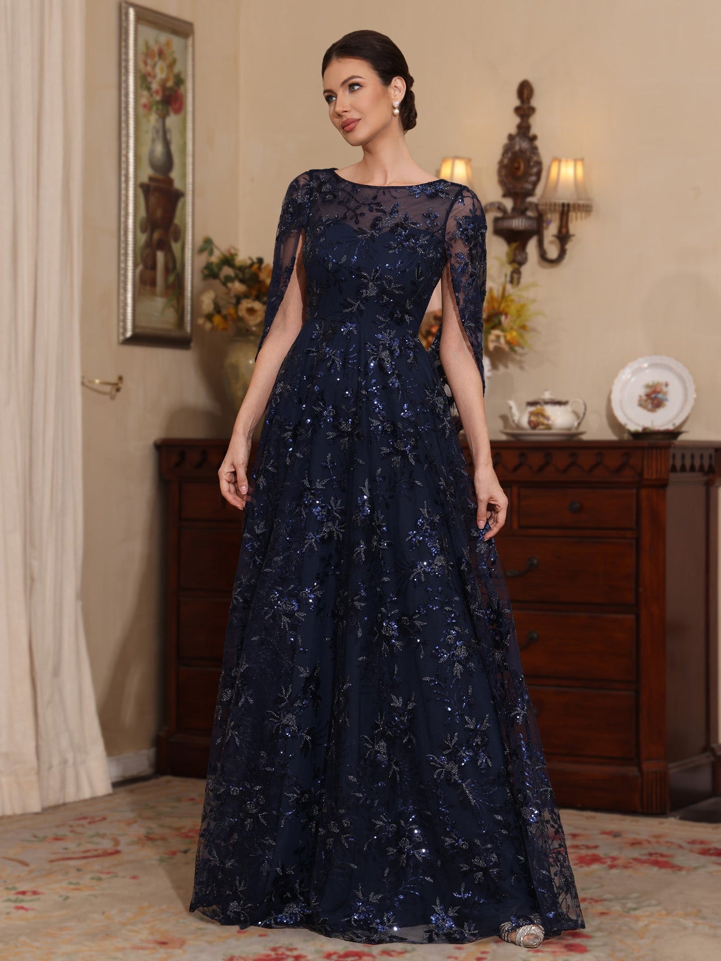 A-Line/Princess Scoop Sequins Lace Mother of the Bride Dress