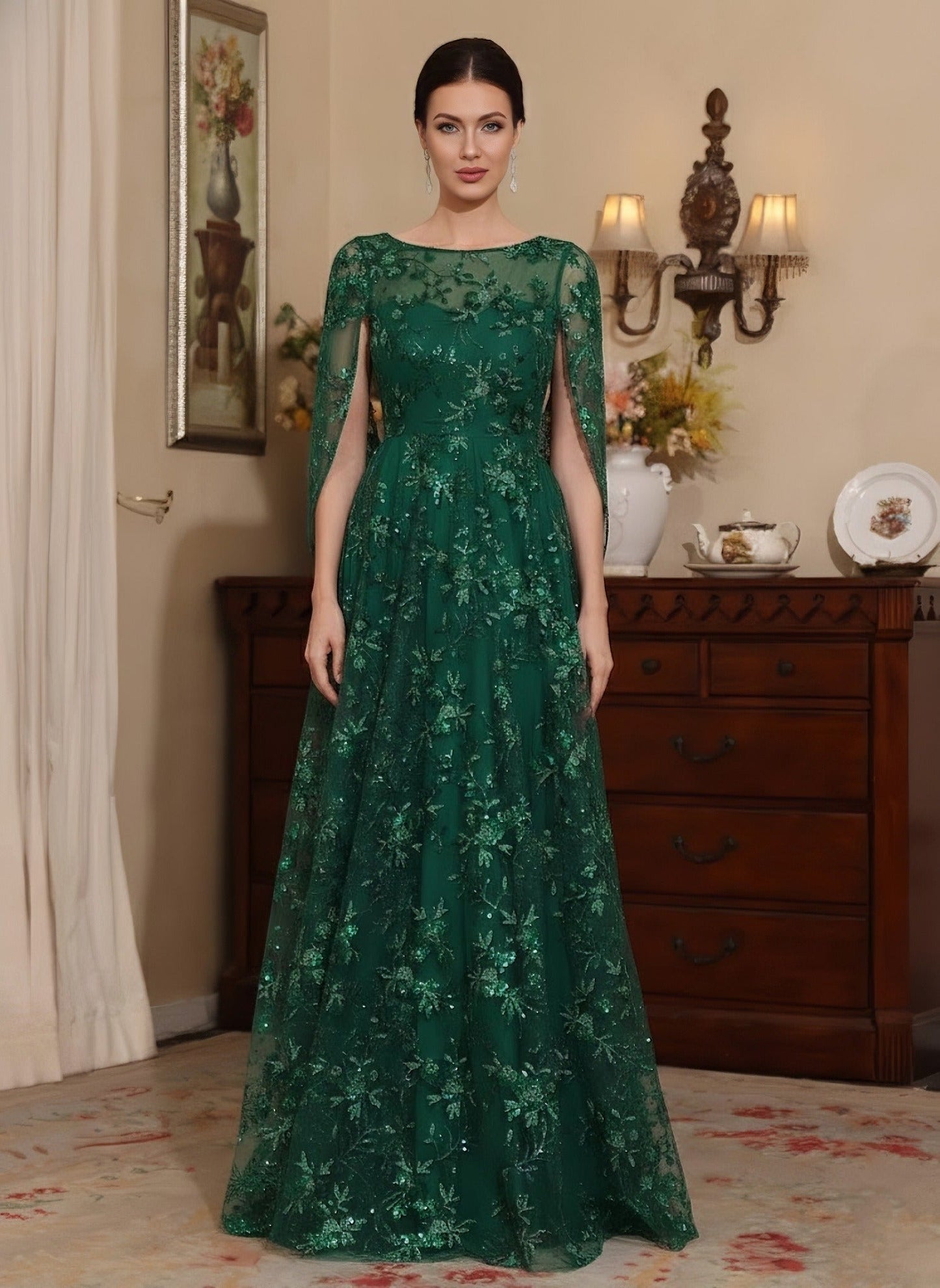 A-Line/Princess Scoop Sequins Lace Mother of the Bride Dress