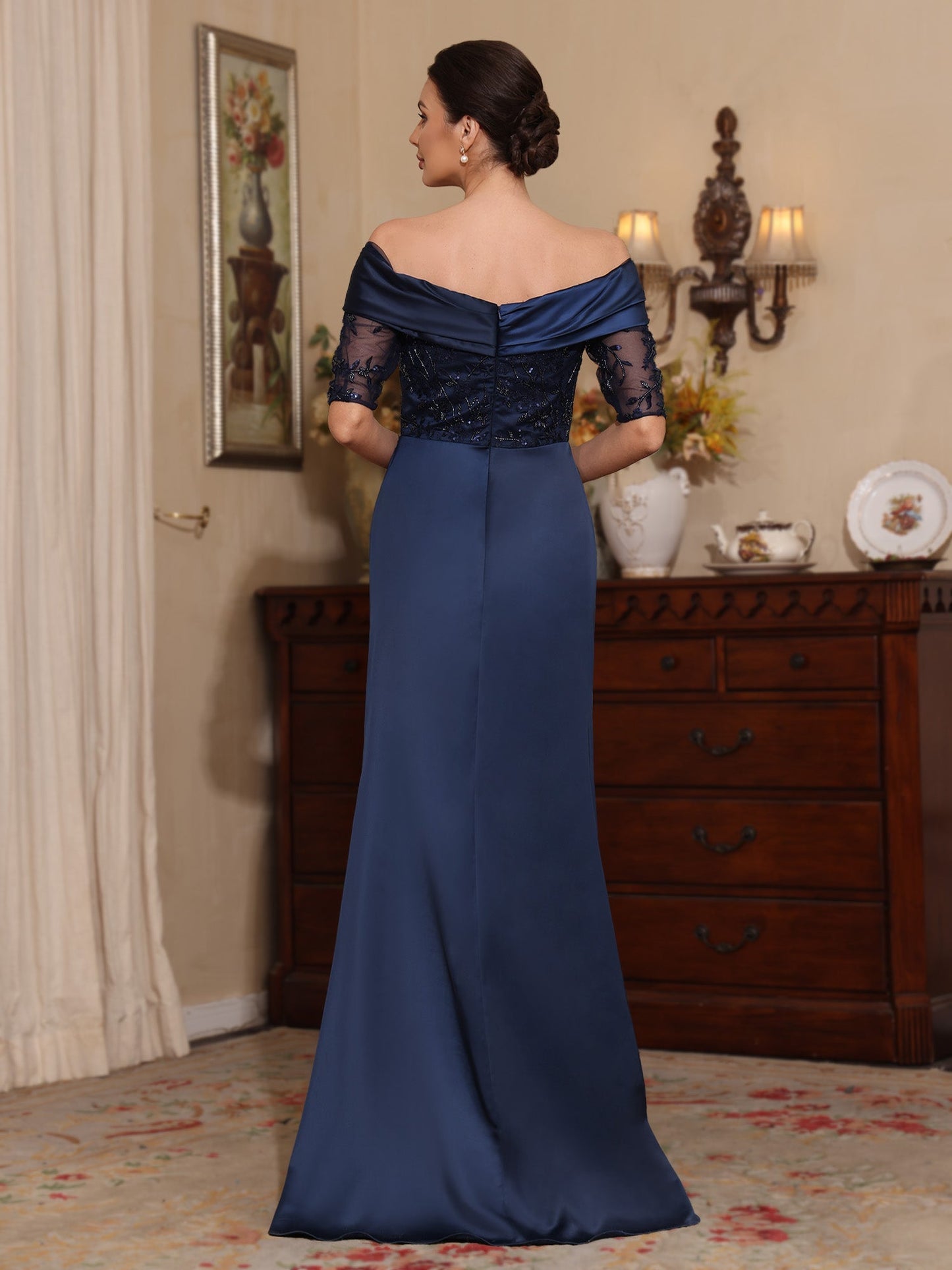 Off-the-Shoulder Satin Mother of the Bride Dress
