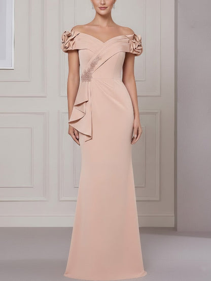 Off-the-Shoulder Stretch Satin Mother of the Bride Dress