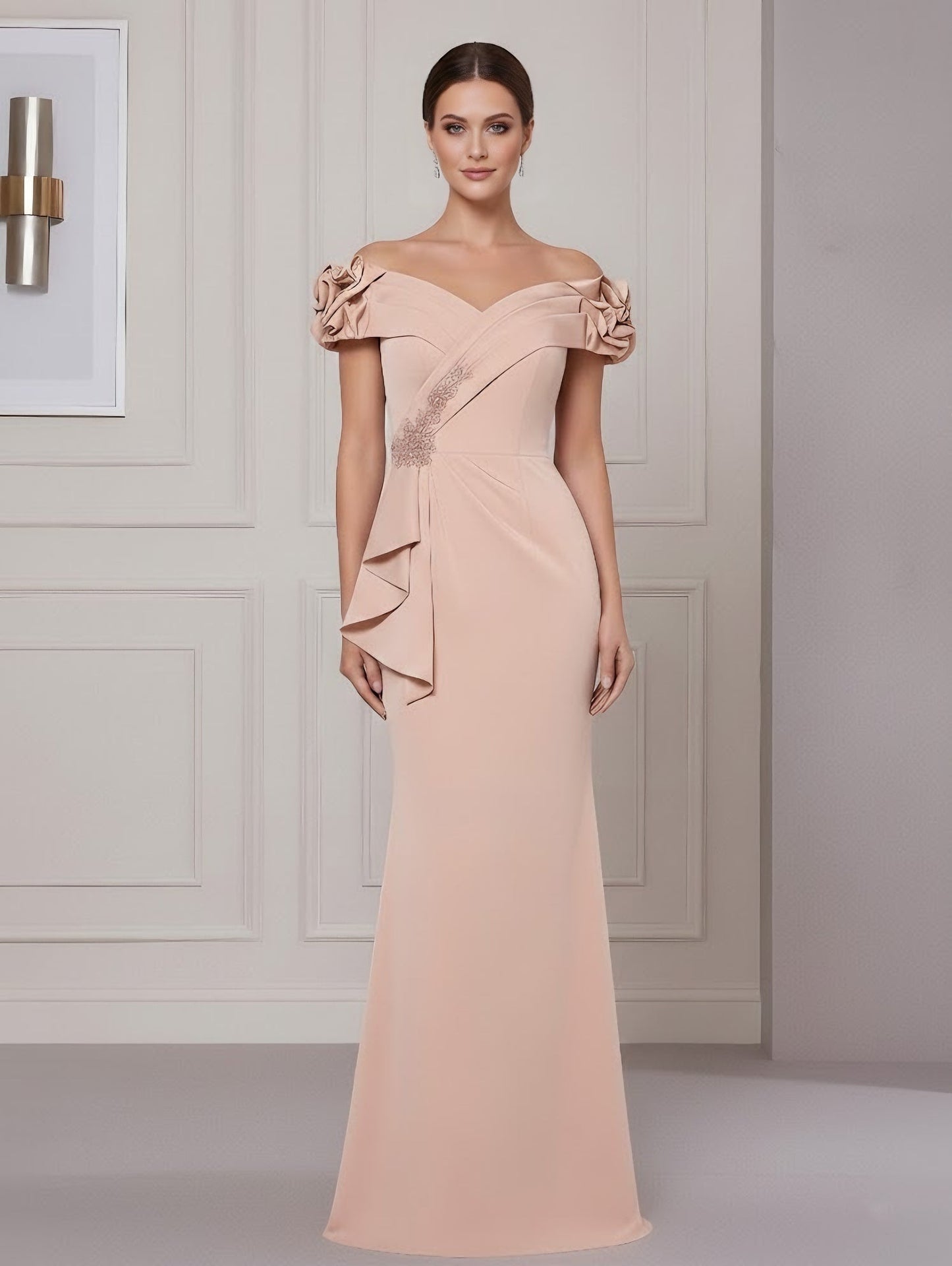 Off-the-Shoulder Stretch Satin Mother of the Bride Dress