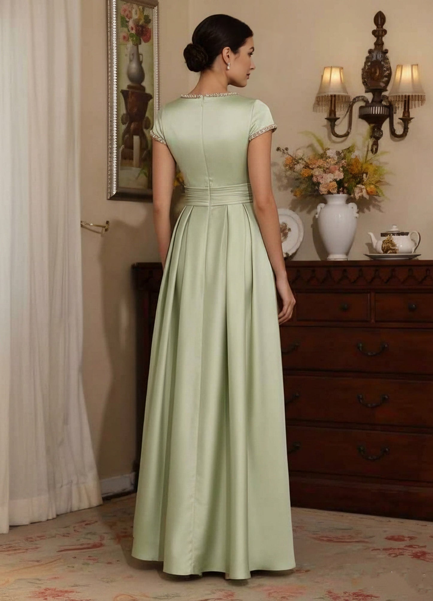 Silk Satin Jewel Neck Mother ofthe Bride Dress